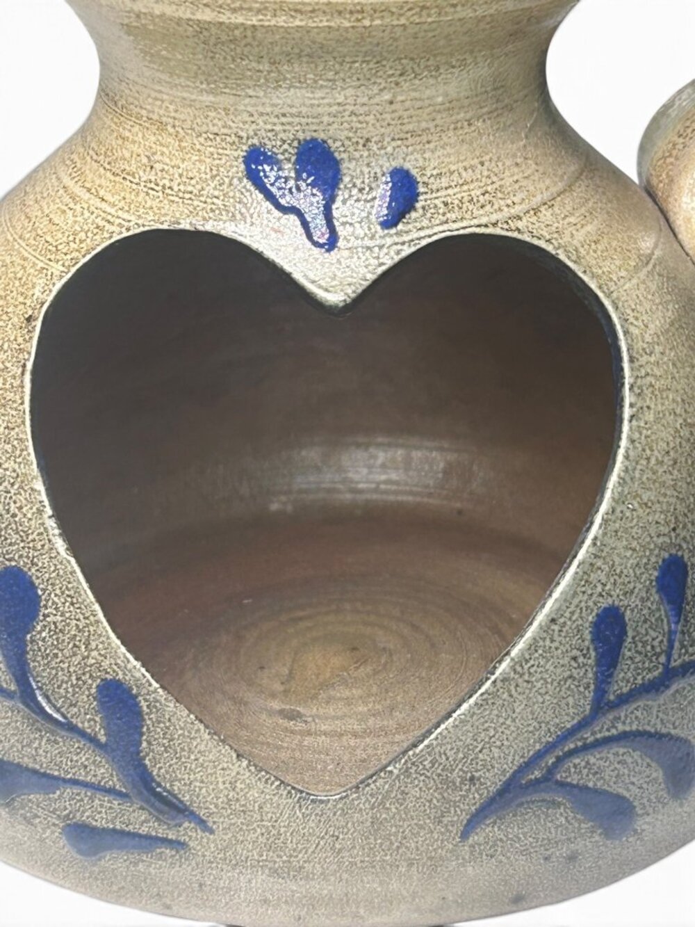 Stoneware Oil/Butter/Syrup Warmer Heart Cut Blue Floral Handled Pottery Burner - Picture 5 of 10